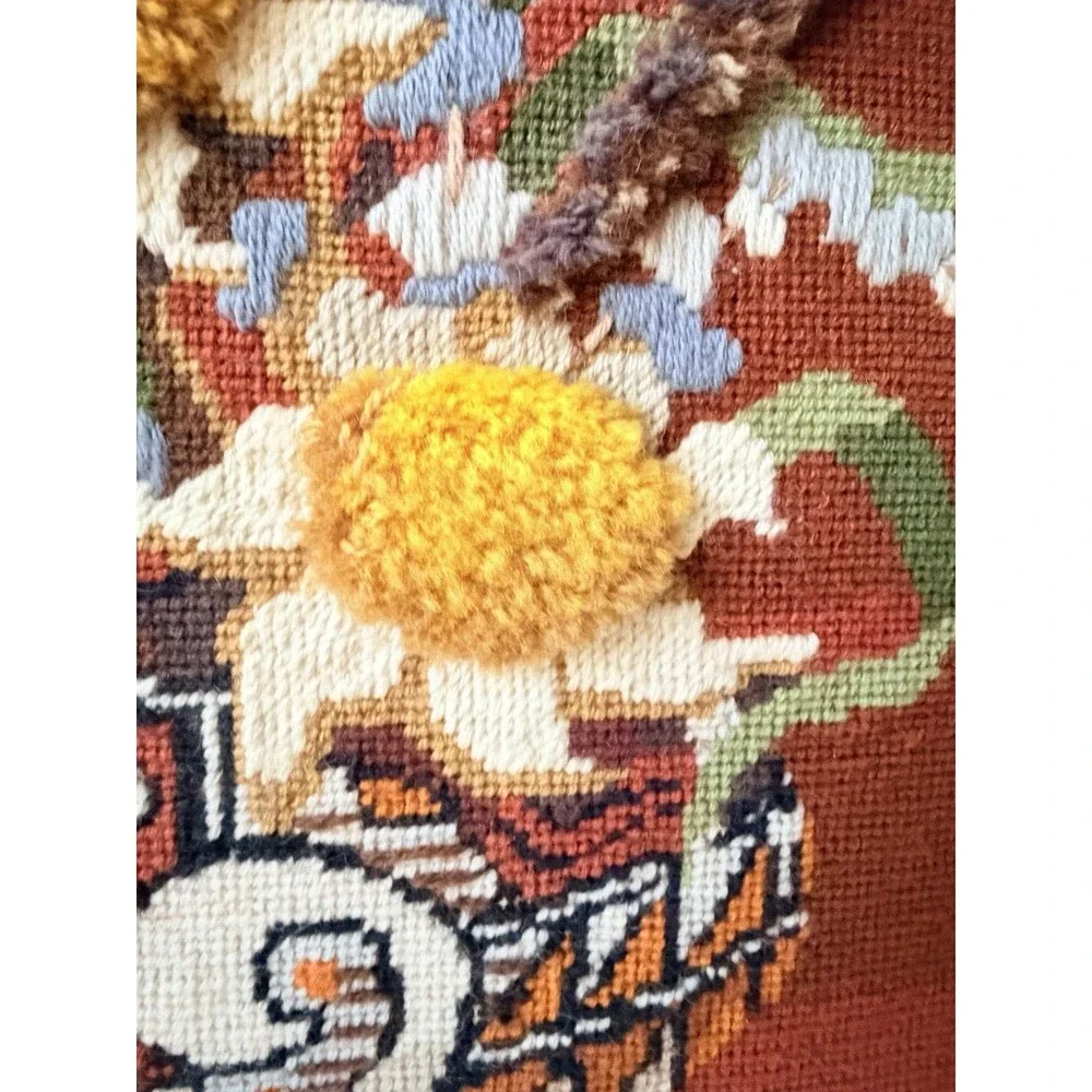 VTG Completed Needlepoint Crewel Large Stitchery Indian Heritage Bouquet 70s Art